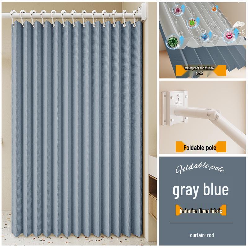 Durable Linen-Like Folding Shower Curtain with Telescopic Rod for Bathroom Optimization
