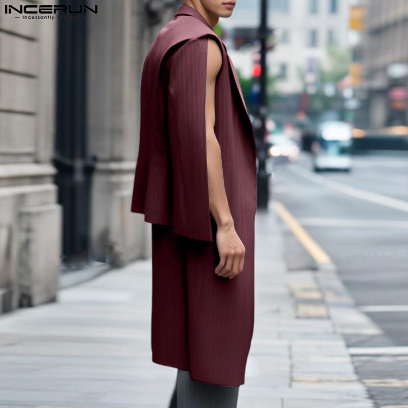 INCERUN Oversized Men Lapel Sleeveless Striped Patchwork Layers Thin Blazer Casual Long Coats