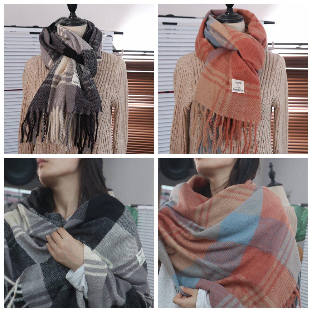 Long Tessel Plaid Wool Scarf Windproof Men Scarf Fashion Winter Cashmere Scarf  Female