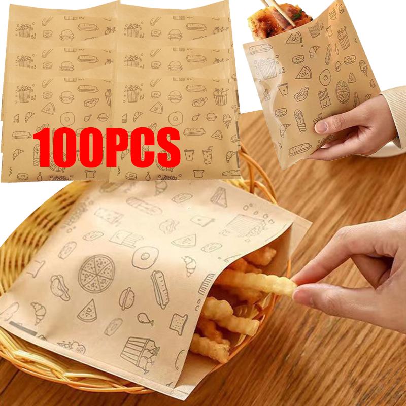 100/50Pcs Greaseproof Paper Bag Disposable Packaging Baking Paper Dessert Sandwich Burger Package Bag Kitchen Accessories