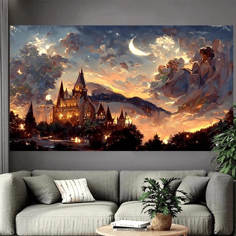 VIKAMA Fantasy Castle Tapestry Starry Night Watercolor Art Modern Bohemian Style Living Room Bedroom Background Wall Decoration