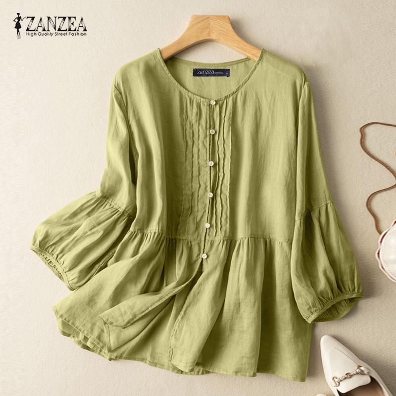 

ZANZEA Женская летняя свободная однотонная повседневная блузка с круглым вырезом и рукавами 3/4