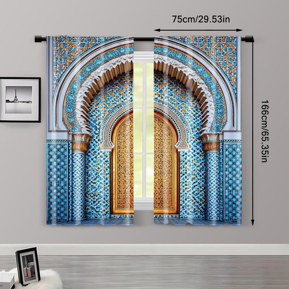 2pc,  Curtain Ancient Morocco Palace Door Print Durable Polyester,Without Electricity Versatile Suitable for Multipurpose Event