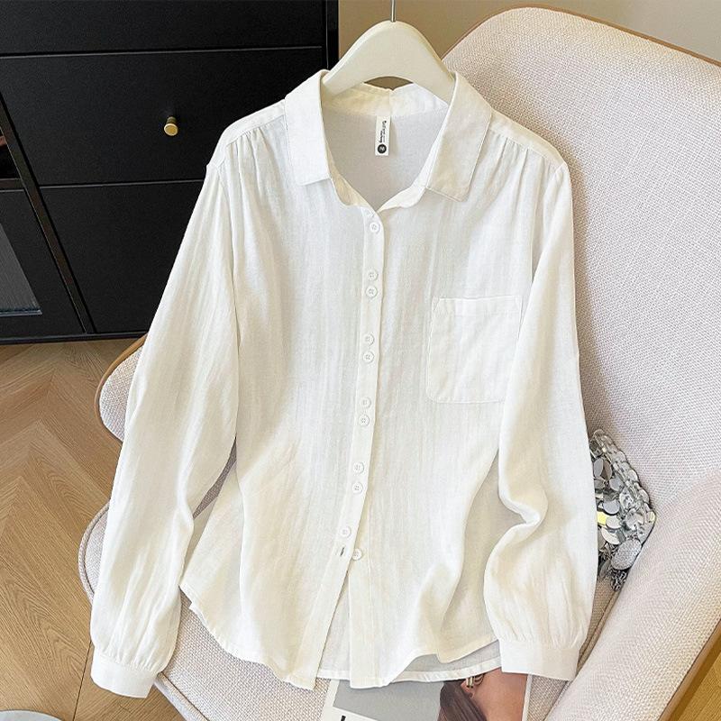 Literary and artistic style double-layer cotton yarn cotton shirt, simple design sense, spring and summer new breathable loose lapel long-sleeved top