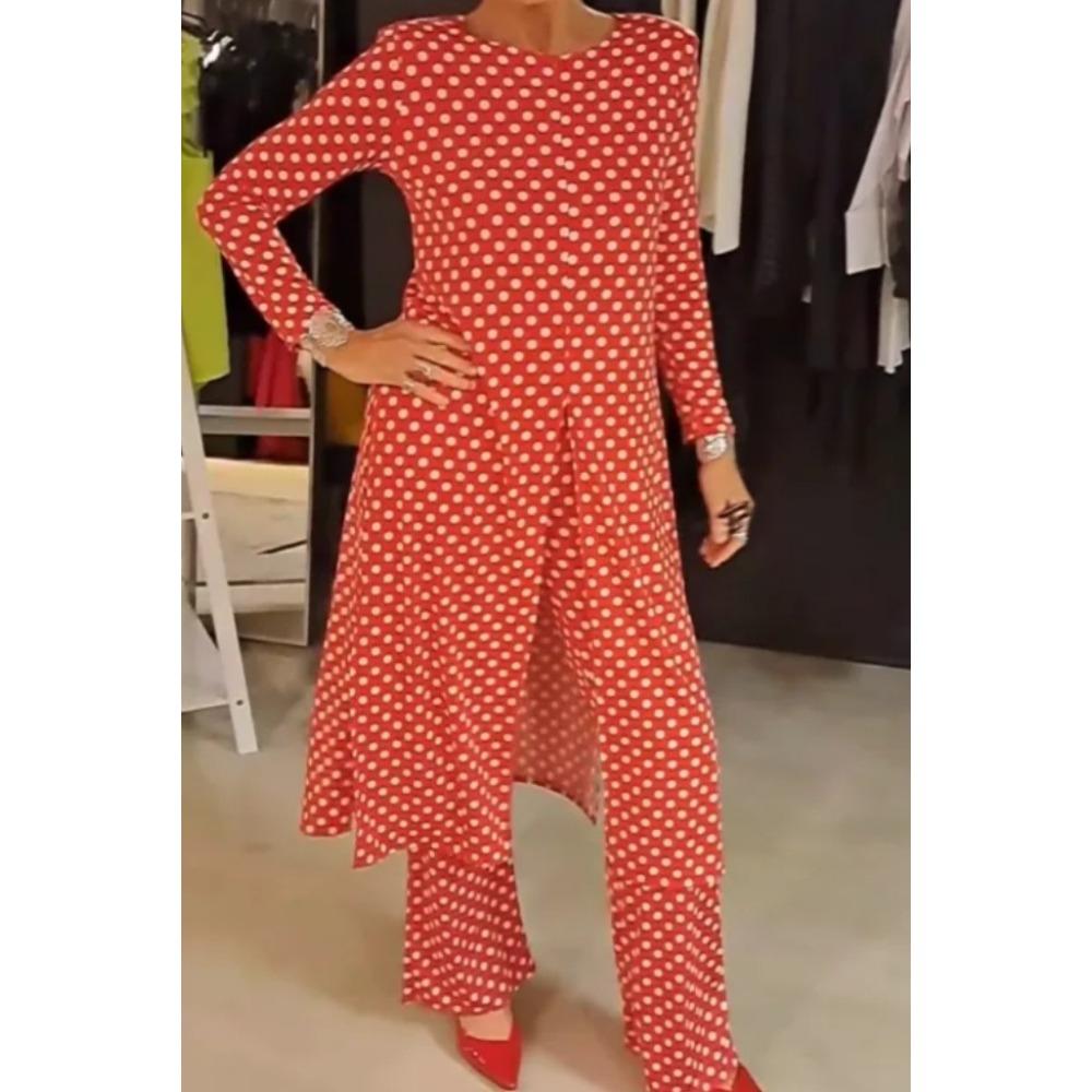 New Trendy Round-neck Long-sleeved Split Polka Dot Long Pants Casual Suit for Women