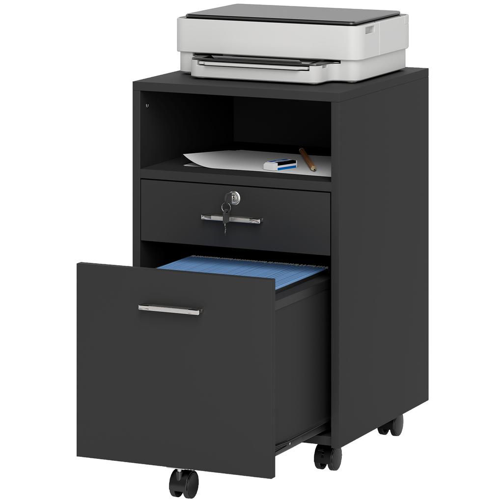 Lockable Two-Drawer Filing Cabinet, with Wheels - Black