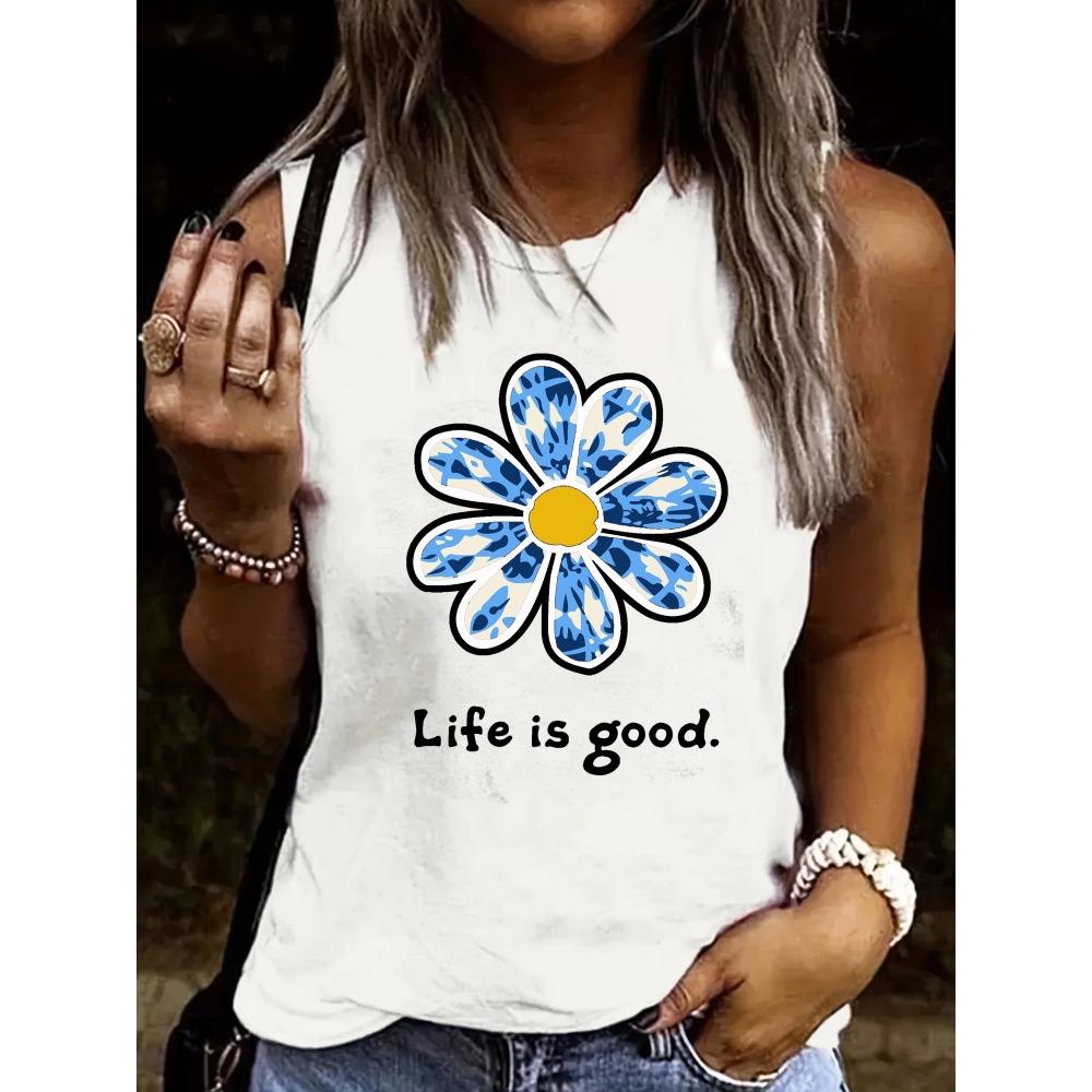Women's Summer Floral Letter Print Loose Large Breathable and Comfortable Sleeveless Tank Top T-shirt