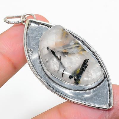 Natürlicher Schwarzer Rutil Edelstein Handgefertigter 925 Sterling Silber Anhänger 2.56" g6L77