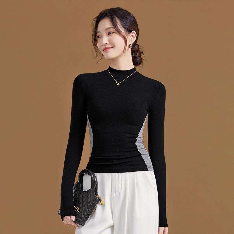 

Women s Slim-Fit Semi-High Neck Long-Sleeved Top with Cinched Waist - Ideal for Autumn and Winter M [90-100 lbs] чёрный