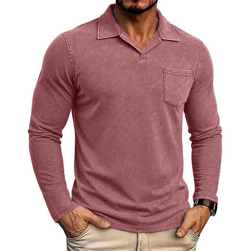 Men Vintage Washed Distressed Long Sleeve Polo Shirt Turn Down Collar Casual Top
