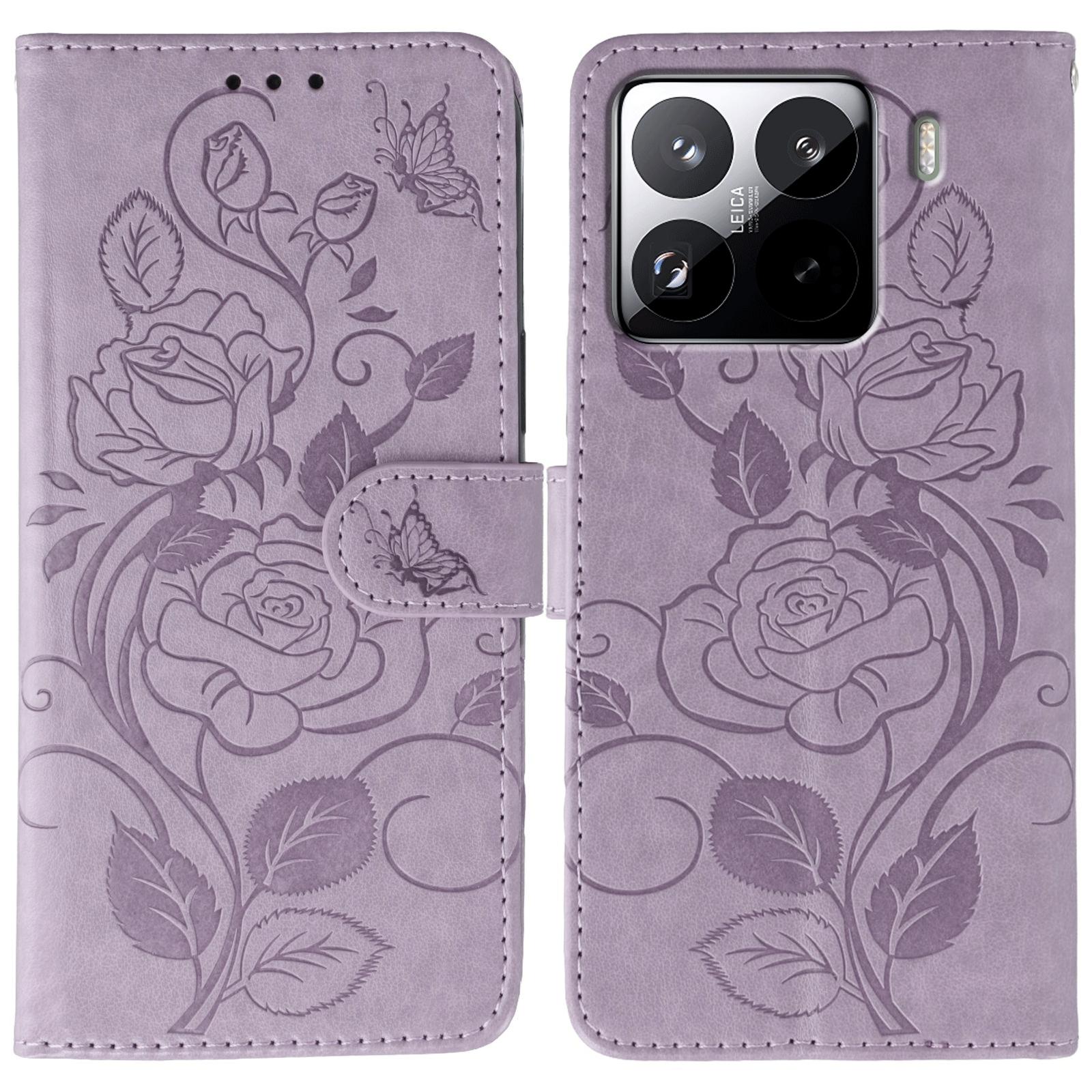 

For Xiaomi 15 Pro Case Wallet Stand Imprinted Rose Butterfly PU Leather Phone Cover Purple