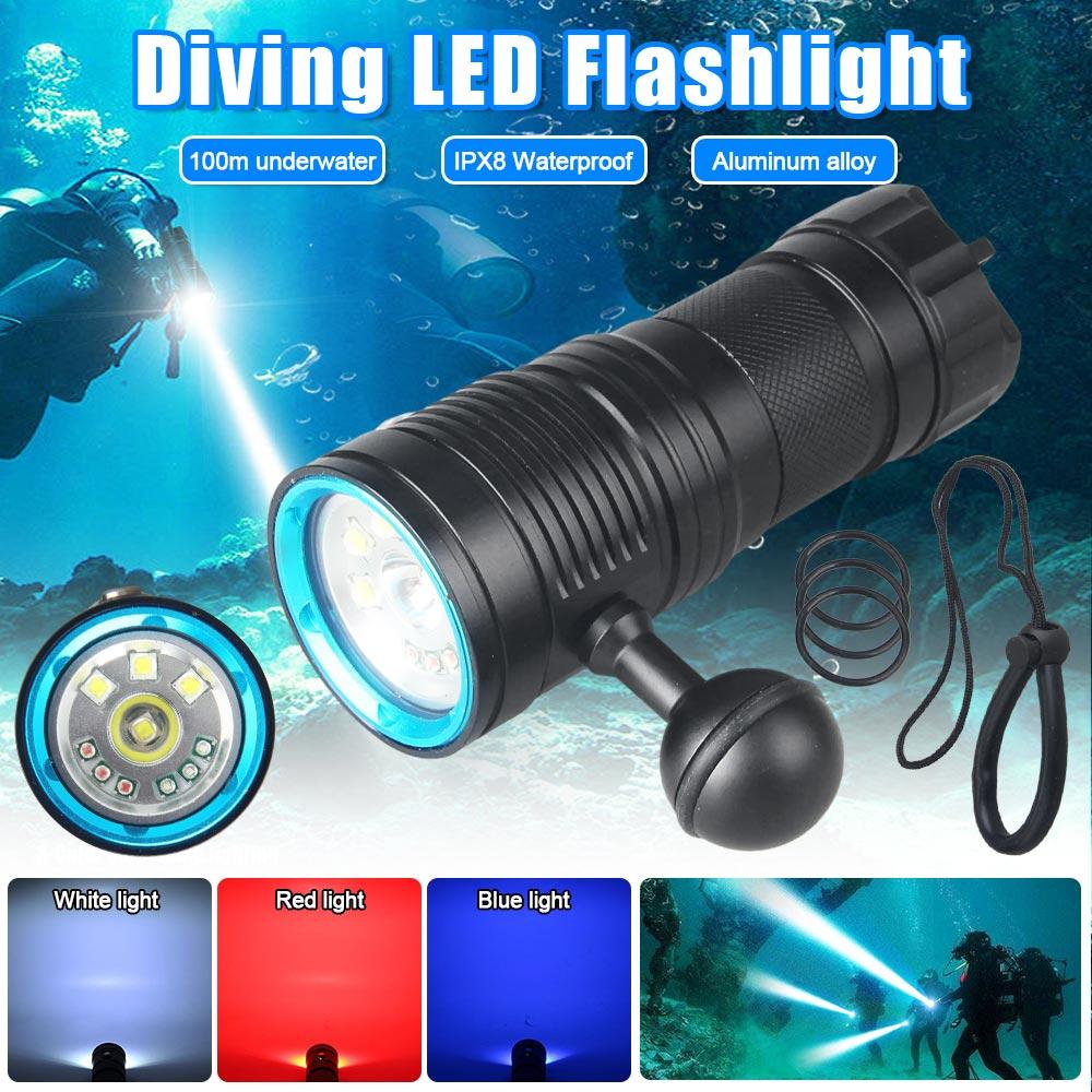 High Power Diving Flashlight White/Red/Bule Light IPX8 Highest Waterproof Rating Professional Diving Light Power With Hand Rope