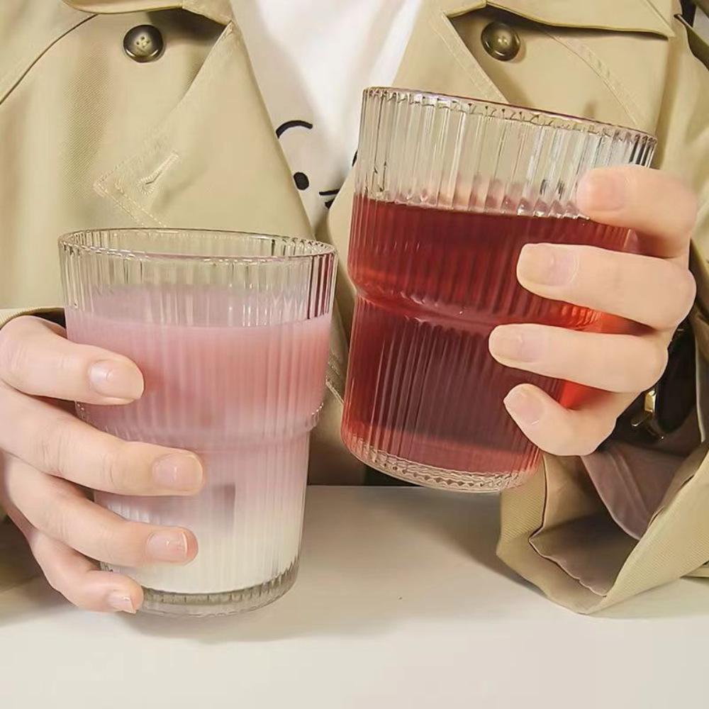 Stylish Striped Glass Water Cup with Straw - High Transparency Design for Fresh Drinks 501-600ml