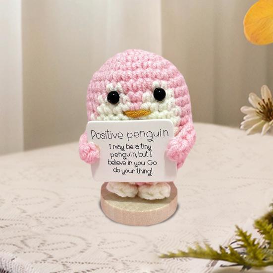 Zabawna Pozytywna Zwierzęca Lalka Dziana Ozdoba Mini Uśmiechnięty Pingwin Ręcznie Tkana Lalka z Pozytywną Kartką Wełniana Włóczka Robiona na Drutach Dekoracja Zachęta