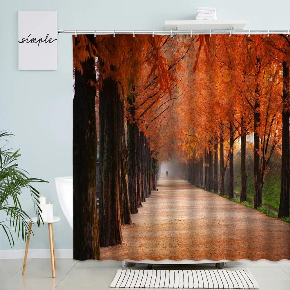 Blooming Pink Gray Forest Flowers Shower Curtain Cherry Blossoms Park Spring Floral Trees Road Landscape Scenic Bathroom Decor