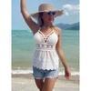 Cross-Border Fashion Summer New White Halter Sexy Sexy Open Back Shoelace Crocheted Cut Out Seaside Camisole