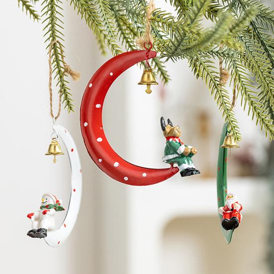 Christmas Pendant Moon Shape Design Christmas Elements Snowman Santa Claus Elk Hanging Pendant Holiday Atmosphere Ornament