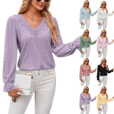 Moda feminina casual cor sólida estampa manga comprida blusas e camisas com decote em V