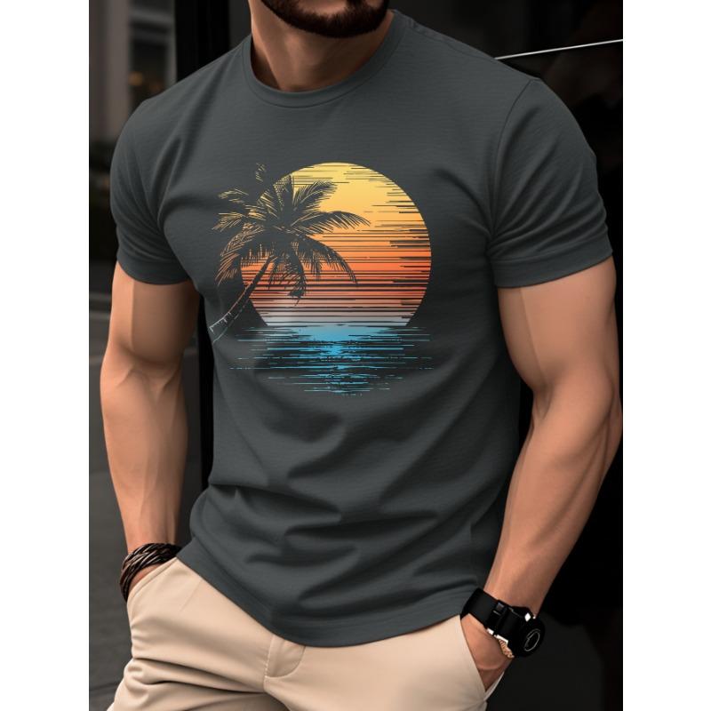 Men's Summer Casual Fashion Sunset Palm Tree Print Crew Neck Short Sleeve T-Shirt