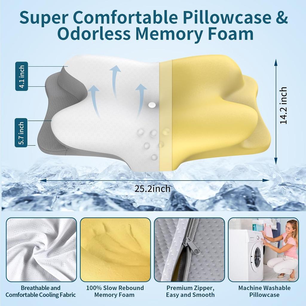 Cervical Neck Pillow - Cooling Pillow for Neck Pain Relief, Ergonomic Contour Side Sleeper Pillow for Sleeping, Orthopedic Memory Foam Pillows for
