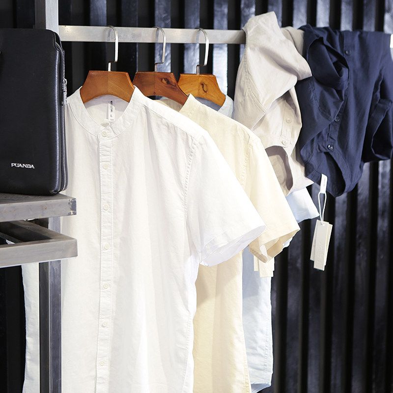 Cotton and Linen Washing Process! Export Tail Goods Summer Men Small Stand Collar Pure Color Linen Breathable Short Sleeve Shirt Top