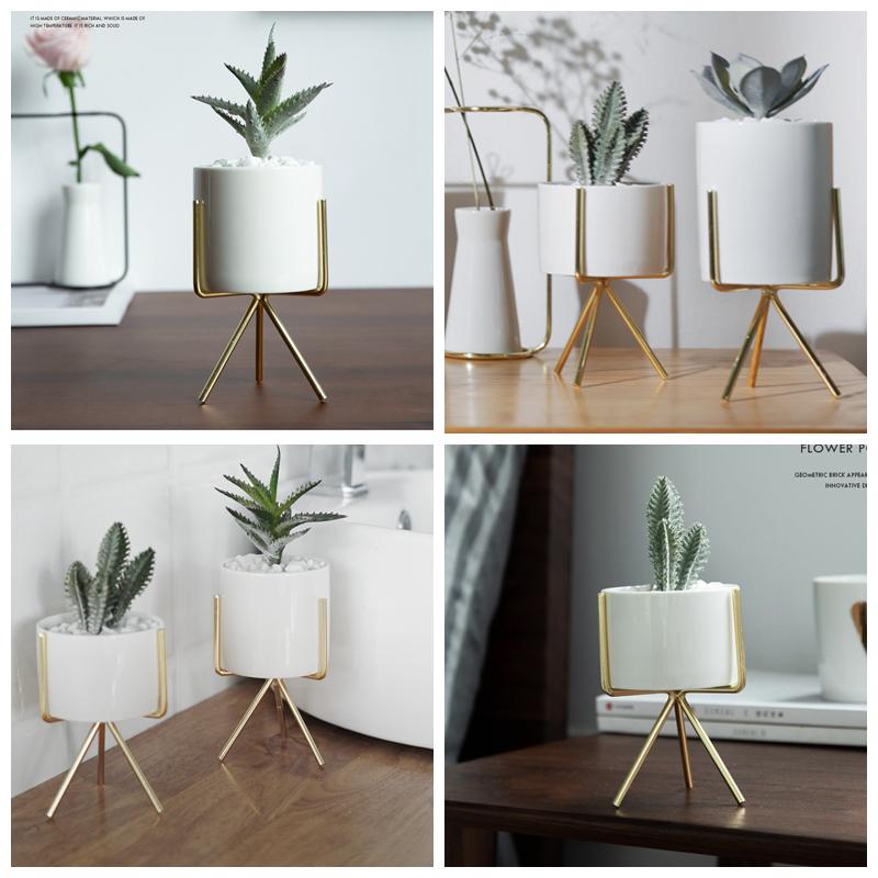 Set aus 3 Keramik-Blumentöpfen mit Eisenständer für Sukkulenten Schreibtisch Keramik-Blumenvase Heim-Garten-Dekoration