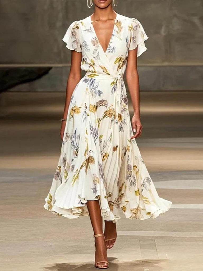 Women's V-Neck Short Sleeve Dress Summer New Style Floral Print Dress