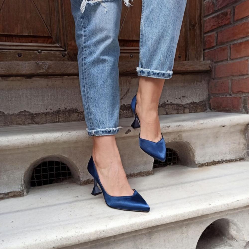 Women's Fashion Green Satin V Cut Detailed 9 Cm Champagne Heel Heeled Shoes