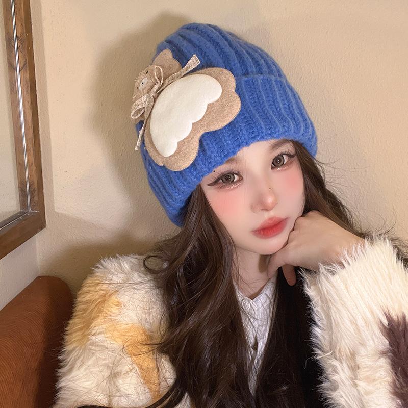 New Autumn and Winter Hat for Women's Bear Patch Wool Hat Korean Version of Versatile Warm Ear Protection Cute Knitted Hat Trendy