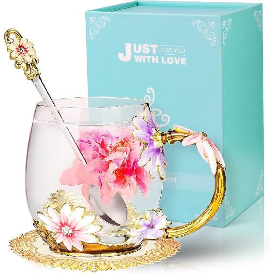 Wisolt Birthday Gifts for Women Mothers Day Gifts for Her Mom Grandma Teacher Friend Anniversary Christmas Valentines Day Glass Coffee Mug with Spoon