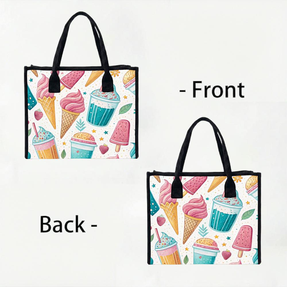 Cute Summer Ice Cream Print Tote Bag Fashion Casual Portable Shopping Handbag for Daily Use
