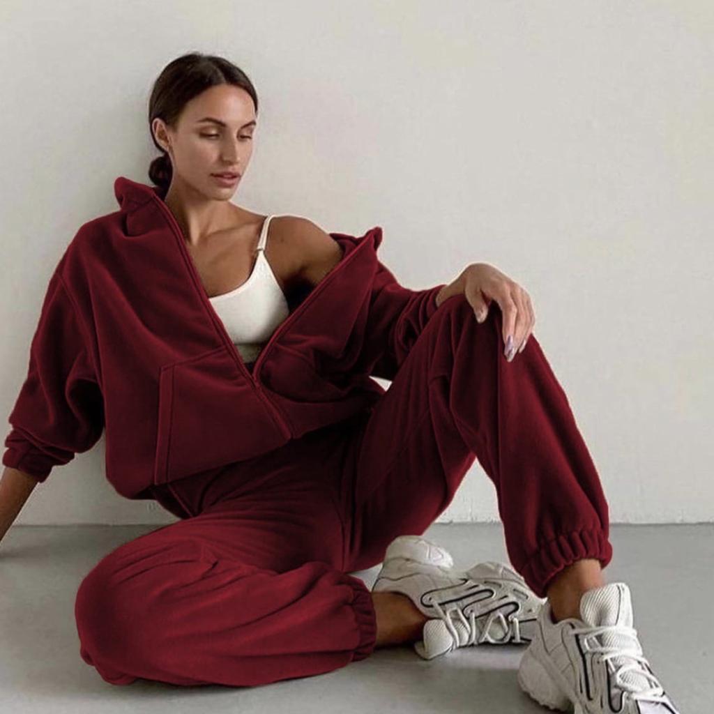 Women's Casual Sports Suit Zipper Cardigan Trousers Two,piece Suit