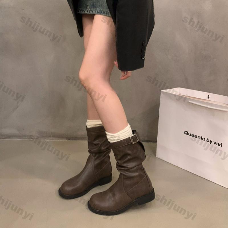 Fashion Women Round Toe Pile Chunky Heel Ankle Boots Comfortable Lightweight Fashion Mid-calf Knight Boots Autumn Casual Outdoor Shoes