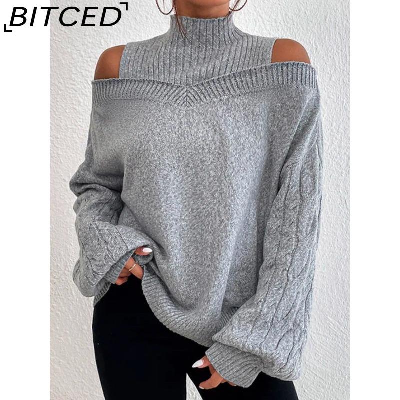 Damen Pullover mit offenen Schultern und halbem Stehkragen für Herbst/Winter - Gestricktes Oversize Top