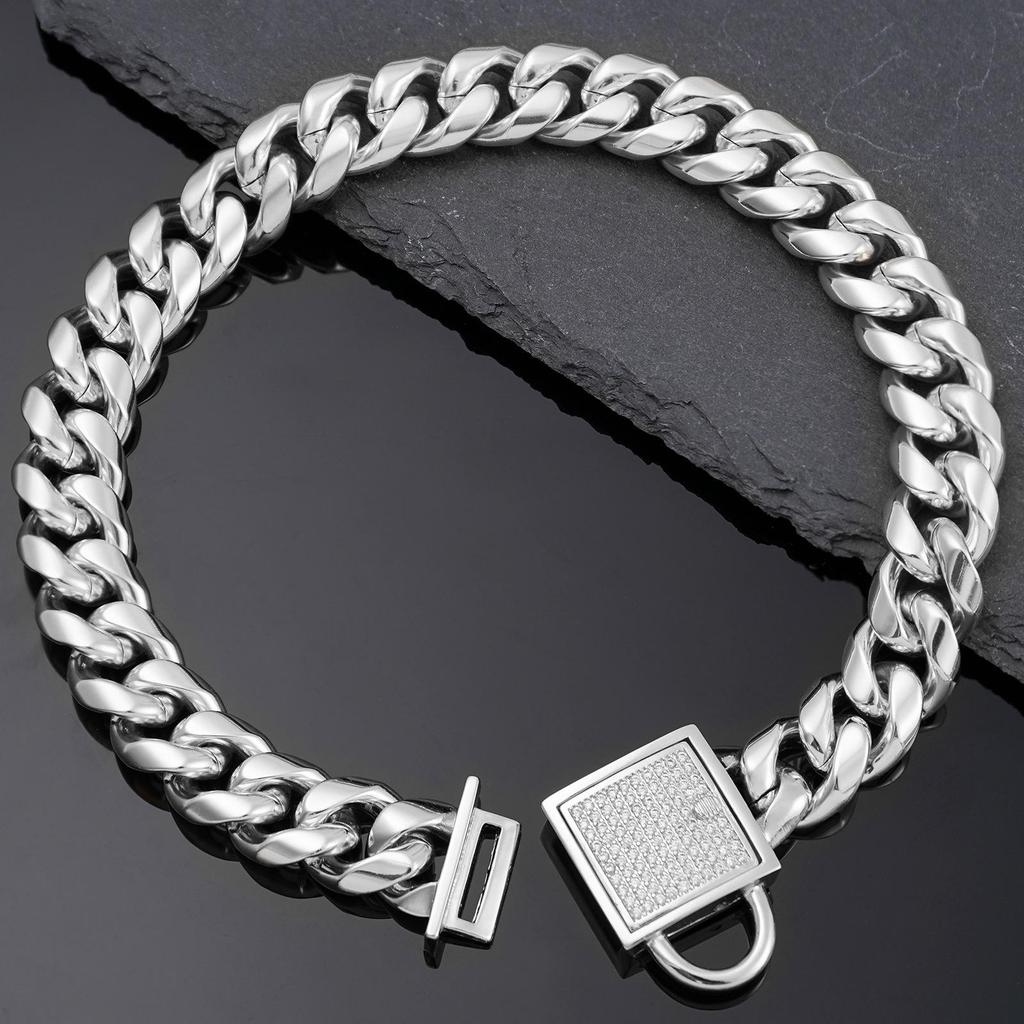 14mm Wide Gold Dog Leash and Titanium Steel Collar with Paved Diamond Buckle