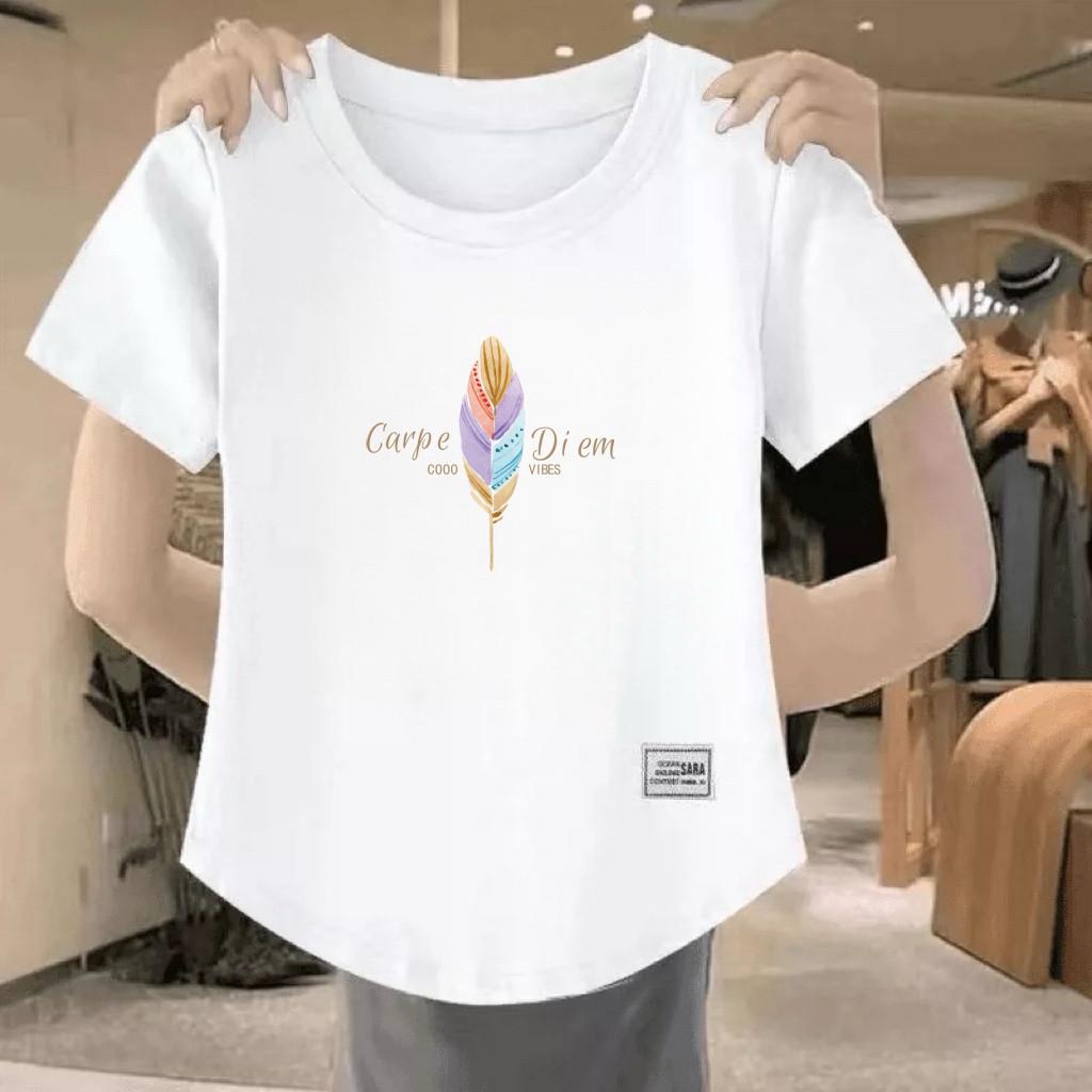 Women's Casual Short-Sleeve T-Shirt: Summer, Loose Fit, Round Neck, Letter Print, Slimming Design.