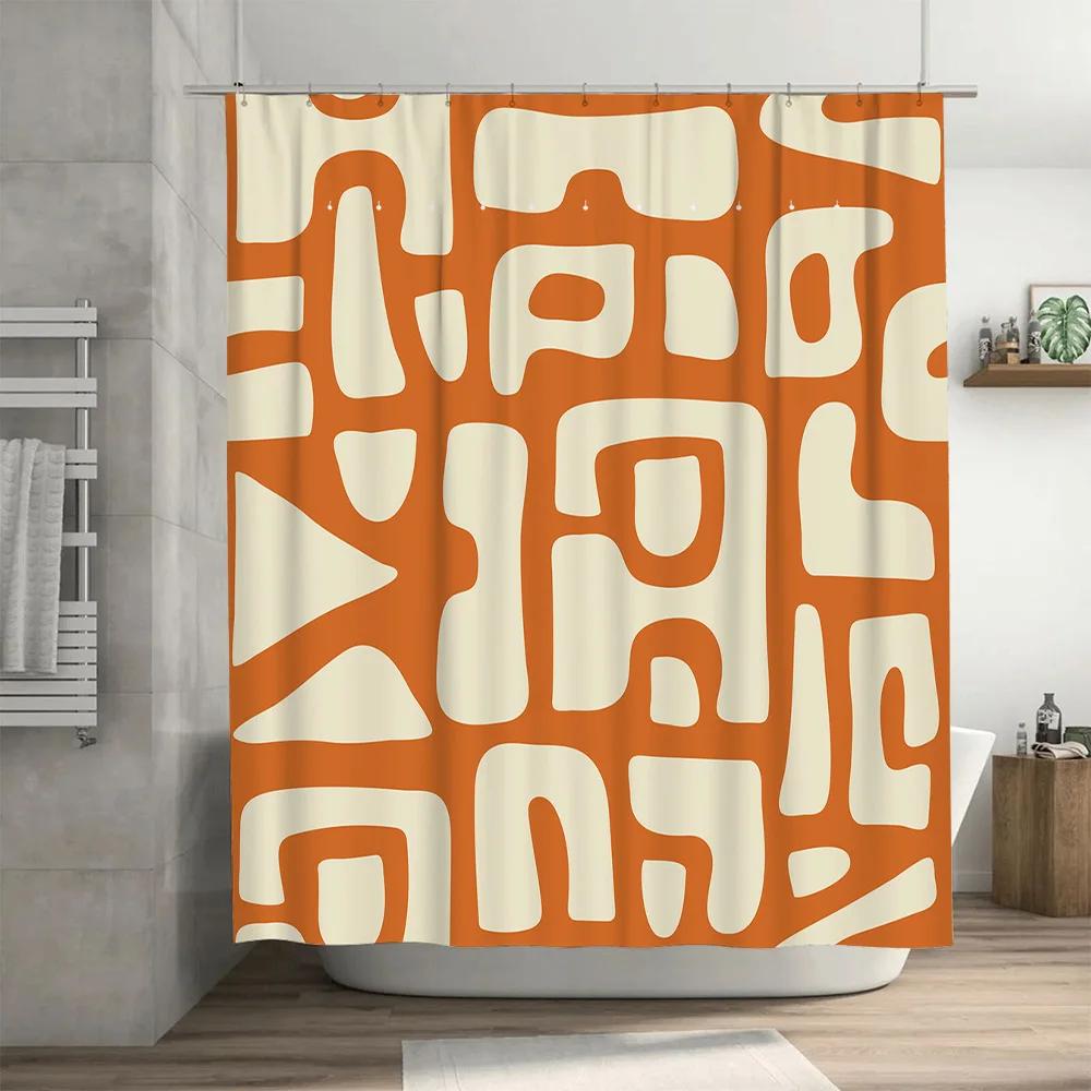 Modern Abstract Pattern Shower Curtain Orange White Bath Decor Set Waterproof Home Accessories Luxury Quality  Fabric Ba