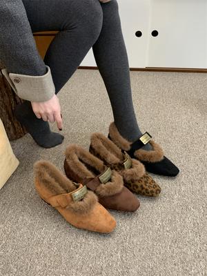 Fur Spring New Brand Women Pumps French Retro Thick Heel Gold Metal Buckle Mary Jane Padded Work Shoes Elegant Dress Boat Shoes