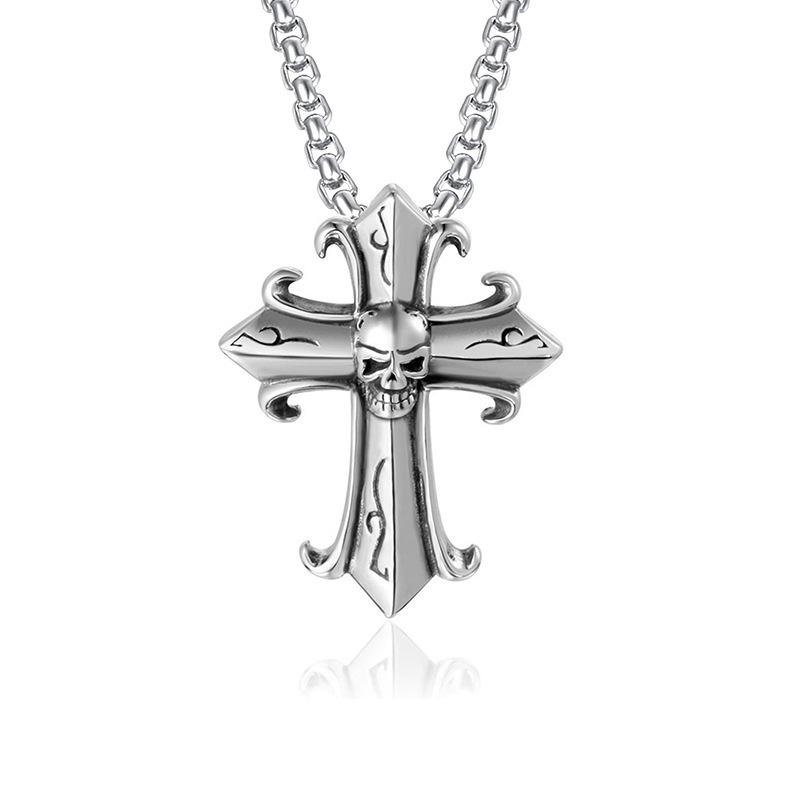 Titanium Steel Gothic Retro Cross Ghost Head Men's Pendant Necklace Fashion Punk Jewelry