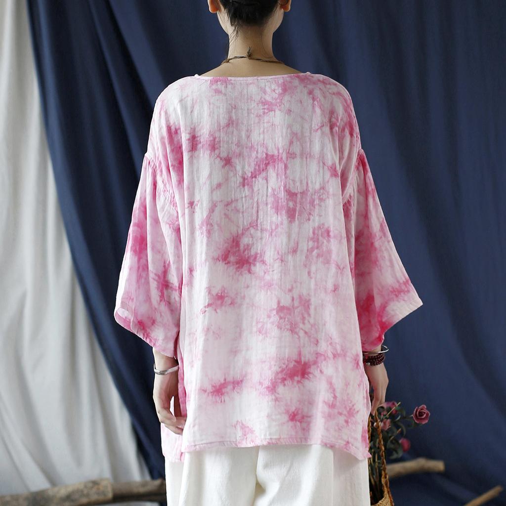 Johnature Women Tie-dye Pink T-Shirts Autumn Tees O-Neck Bat Sleeve Loose Clothes Female Cotton T-Shirts
