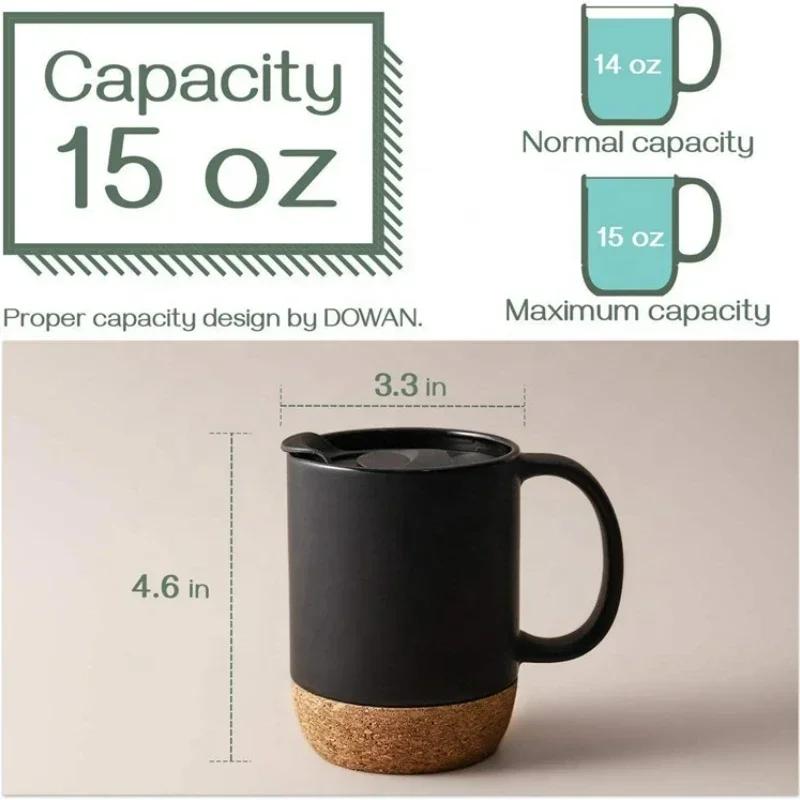 Einfache Keramik-Kaffeetasse mit Korkboden und Deckel, Spritzgeschützt, Hitzebeständig, Matt, Uni-Weiß, Schwarzer Korkboden, Teetasse