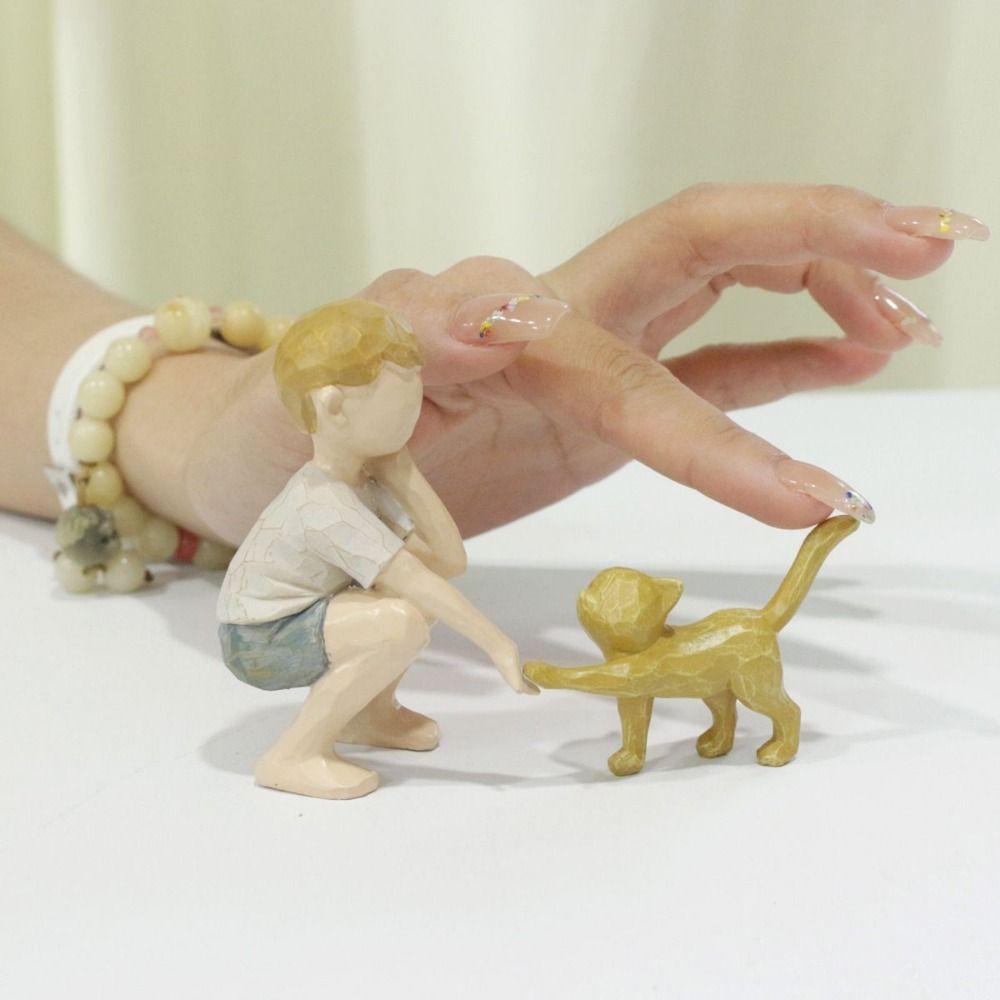2Pcs/set Resin Crafts Boy Cat Figurines Hand-Painted Hand Carving Sculpture  Home Decor