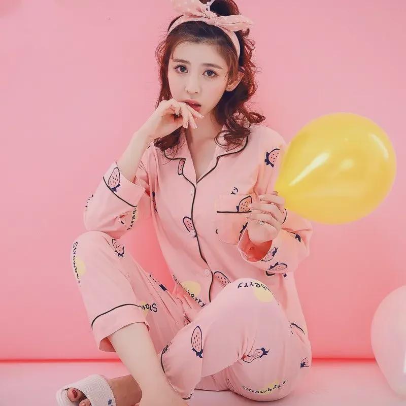 Premium 100% Cotton Women's Pajamas: Sweet, Casual Long-Sleeve Cardigan Set for Spring, Summer, and Autumn