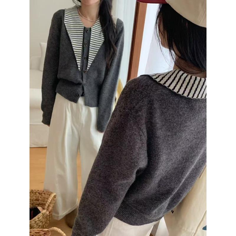 

Новинка начала осени, женский трикотажный кардиган в полоску с острым вырезом, мягкий, восковой, шикарный, свободный свитер-жакет с длинными рукавами для женщин One size темно-серого