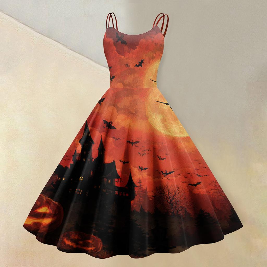 Women's Sleeveless Casual Dress Halloween Print Round Neck Vintage Style Spaghetti Strap Midi Dress for Daily Wear and Seasonal Events