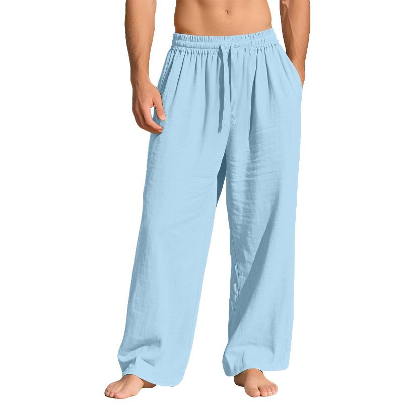Men's linen loose casual sports trousers pocket tether solid color trendy business trousers