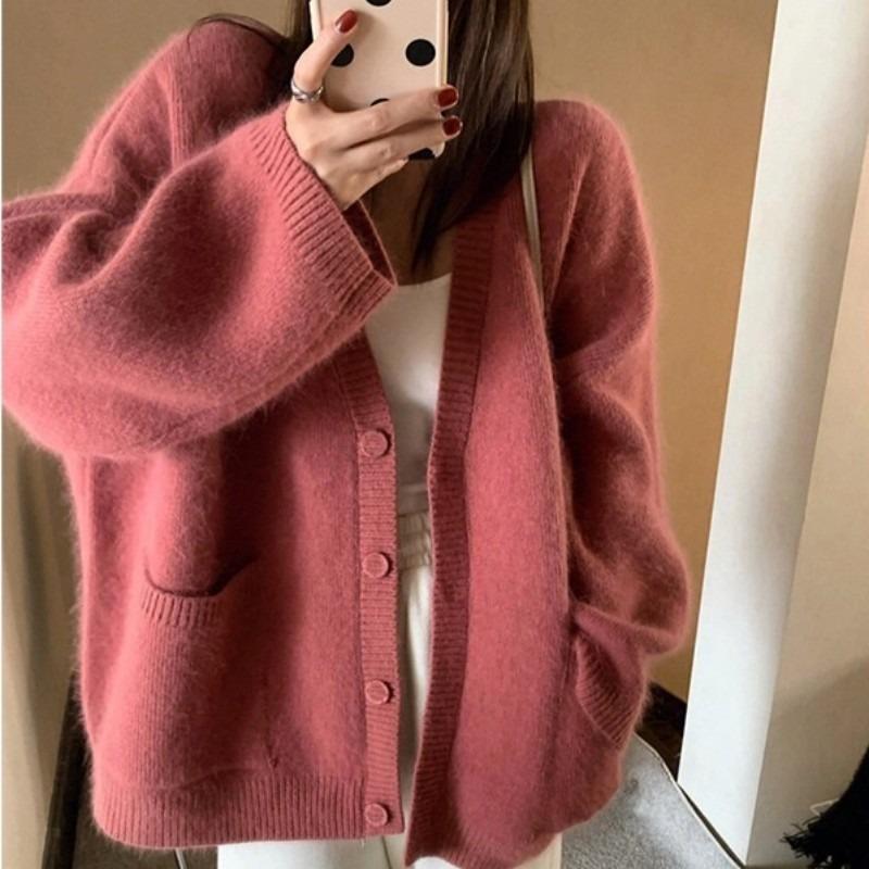 Vintage V-neck knitted cardigan women's autumn and winter new wind sweater large size jacket loose and versatile top