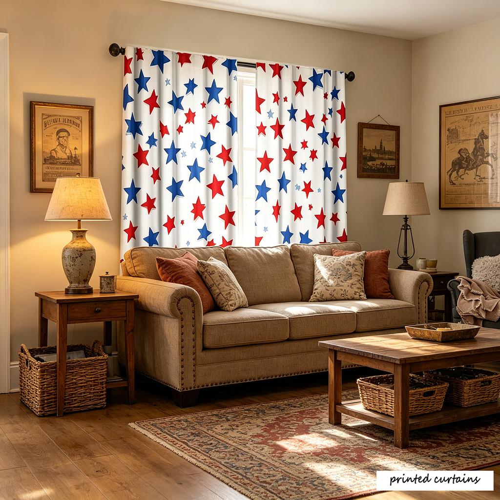 2PCS, Multi-color, Red and Blue Stars Pattern, Modern Style,  Flat Printed Curtains, 100% Polyester Fabric, Rod Pocket Style Flat