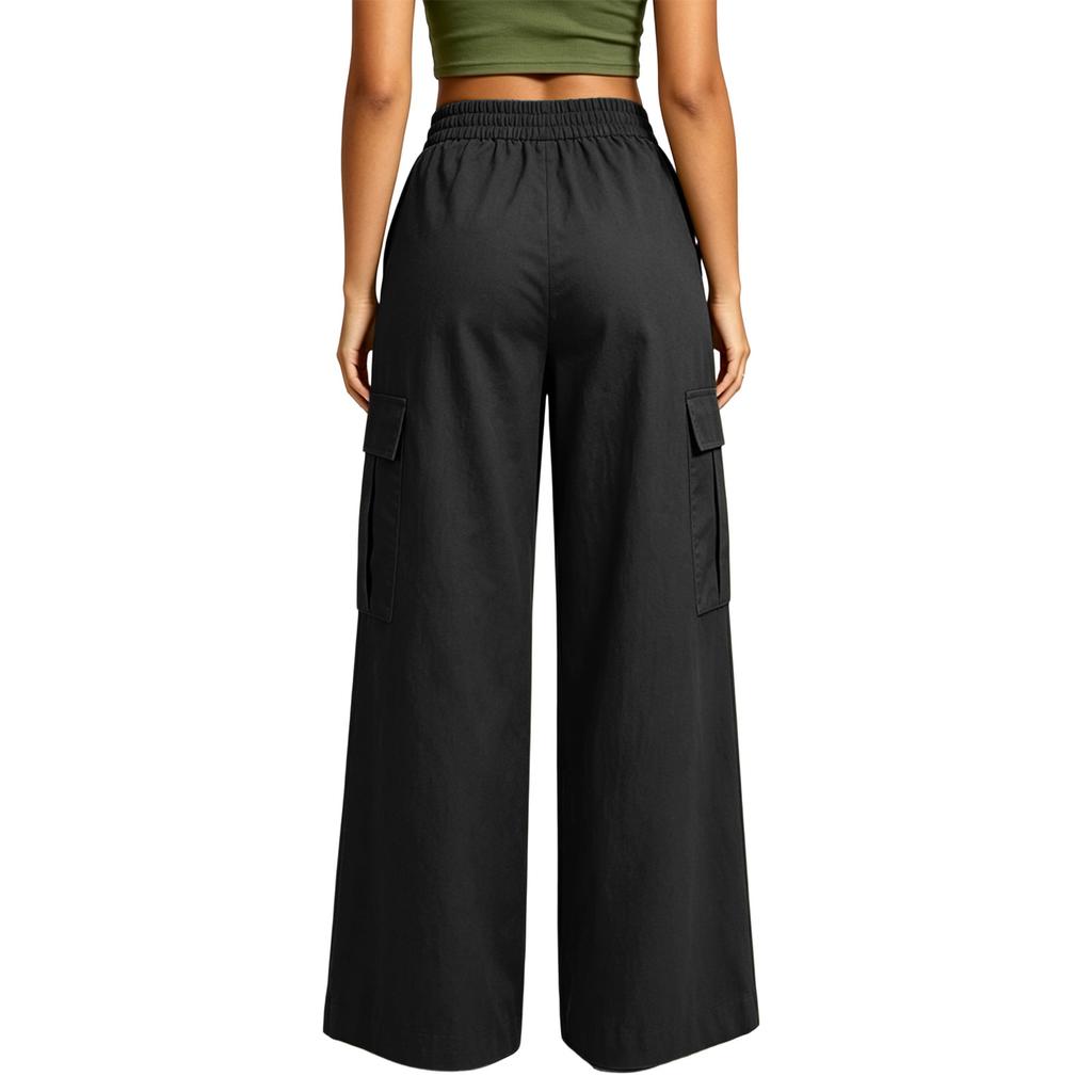 Women Wide Leg Cargo Pants High Waist Button Detail Loose Fit Casual Trousers with Side Pockets and Pleated Design