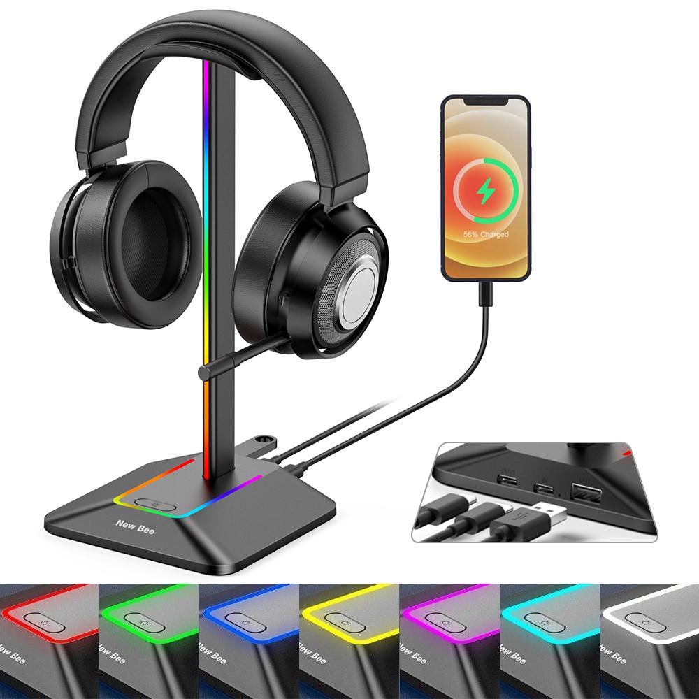 NEW BEE Z8 RGB Light Headphone Stand with USB + Type-C Expansion Hub Gaming Headset Holder Display Rack